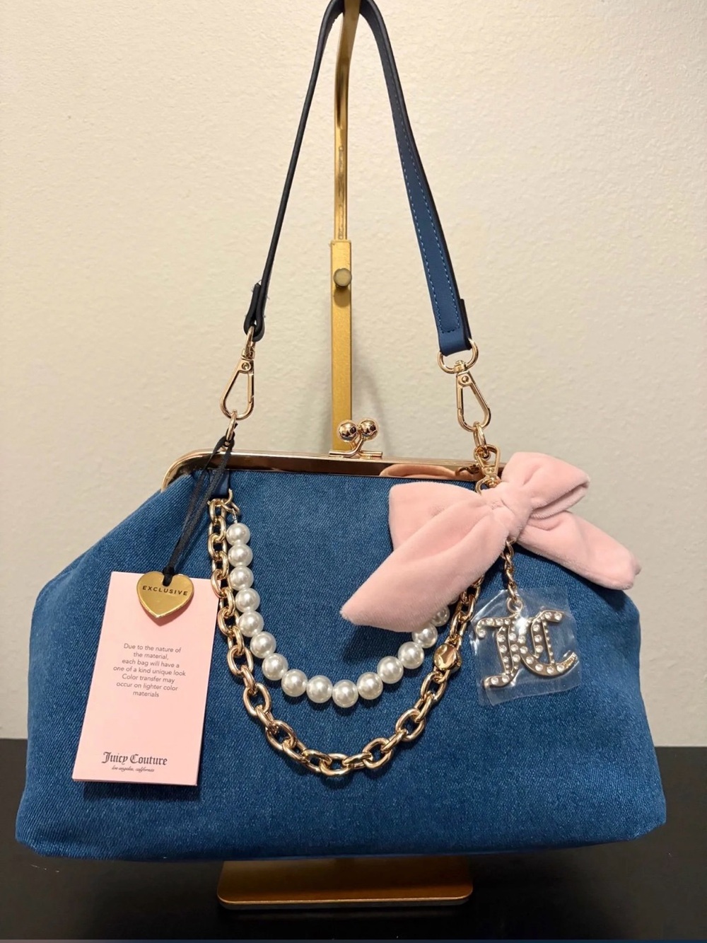 Juicy Couture Denim Frame Satchel with Pink Bow and Pearls
